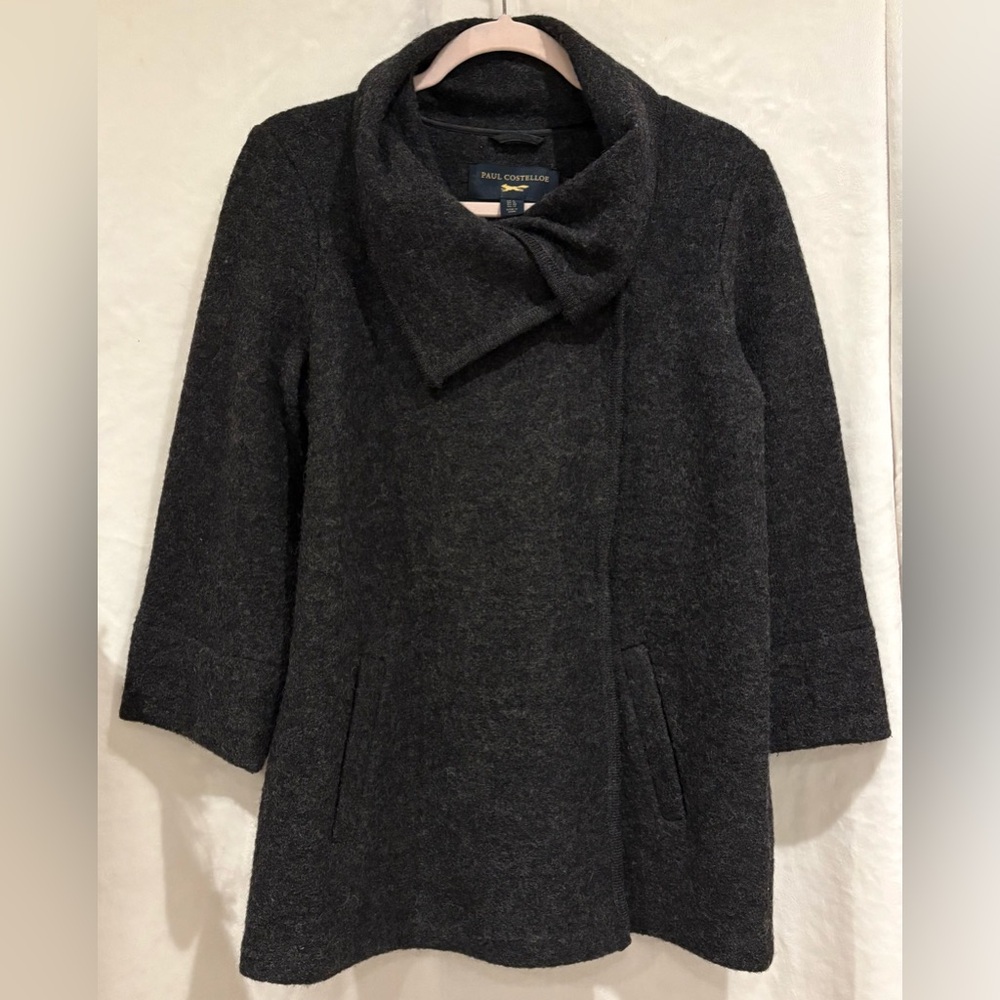 Paul Costelloe Charcoal Wool Felt Minimalist Jacket with Fold Collar – US 8